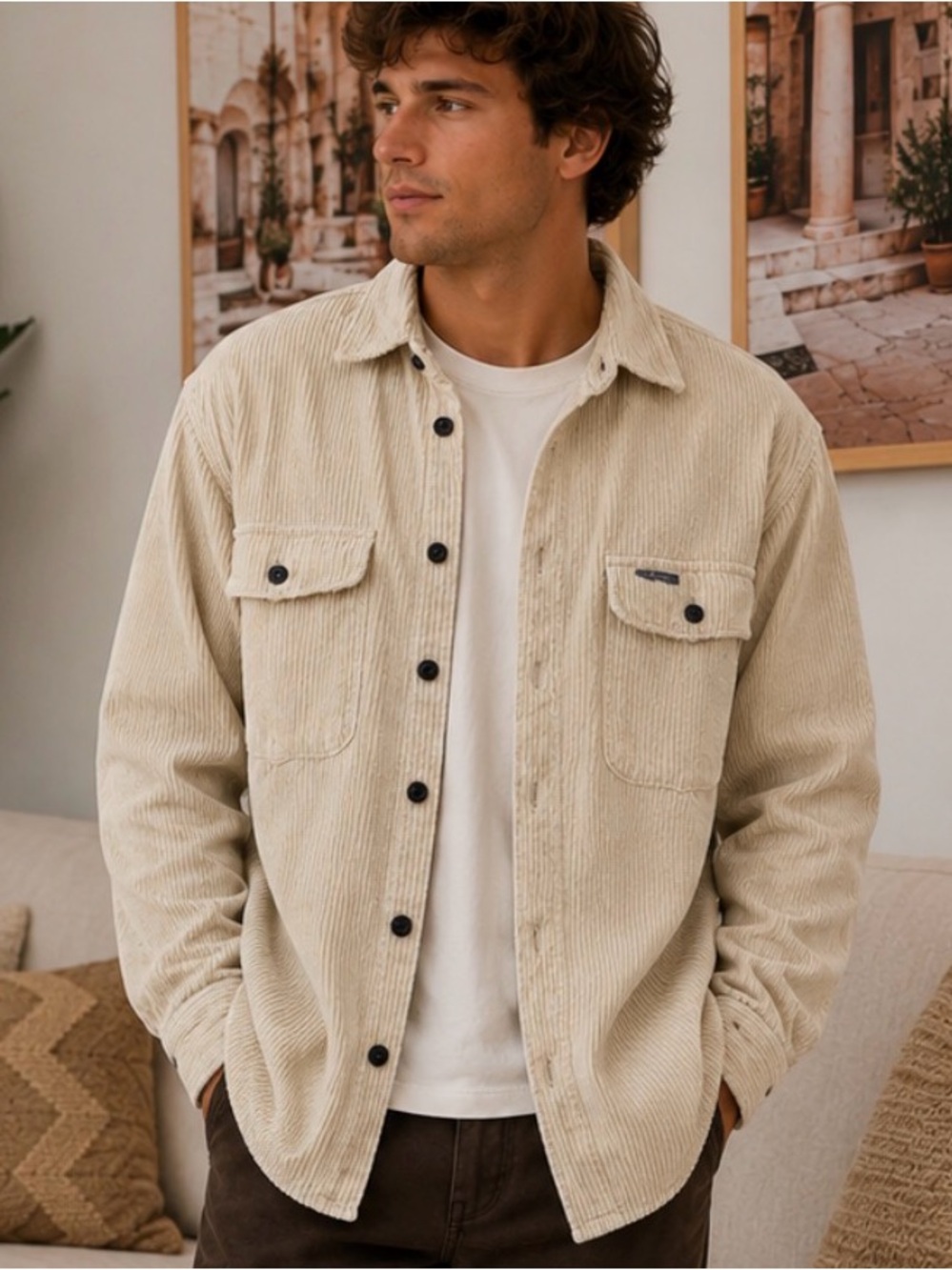 Vintage Point Zero Beige Corduroy Oversized Shirt Jacket